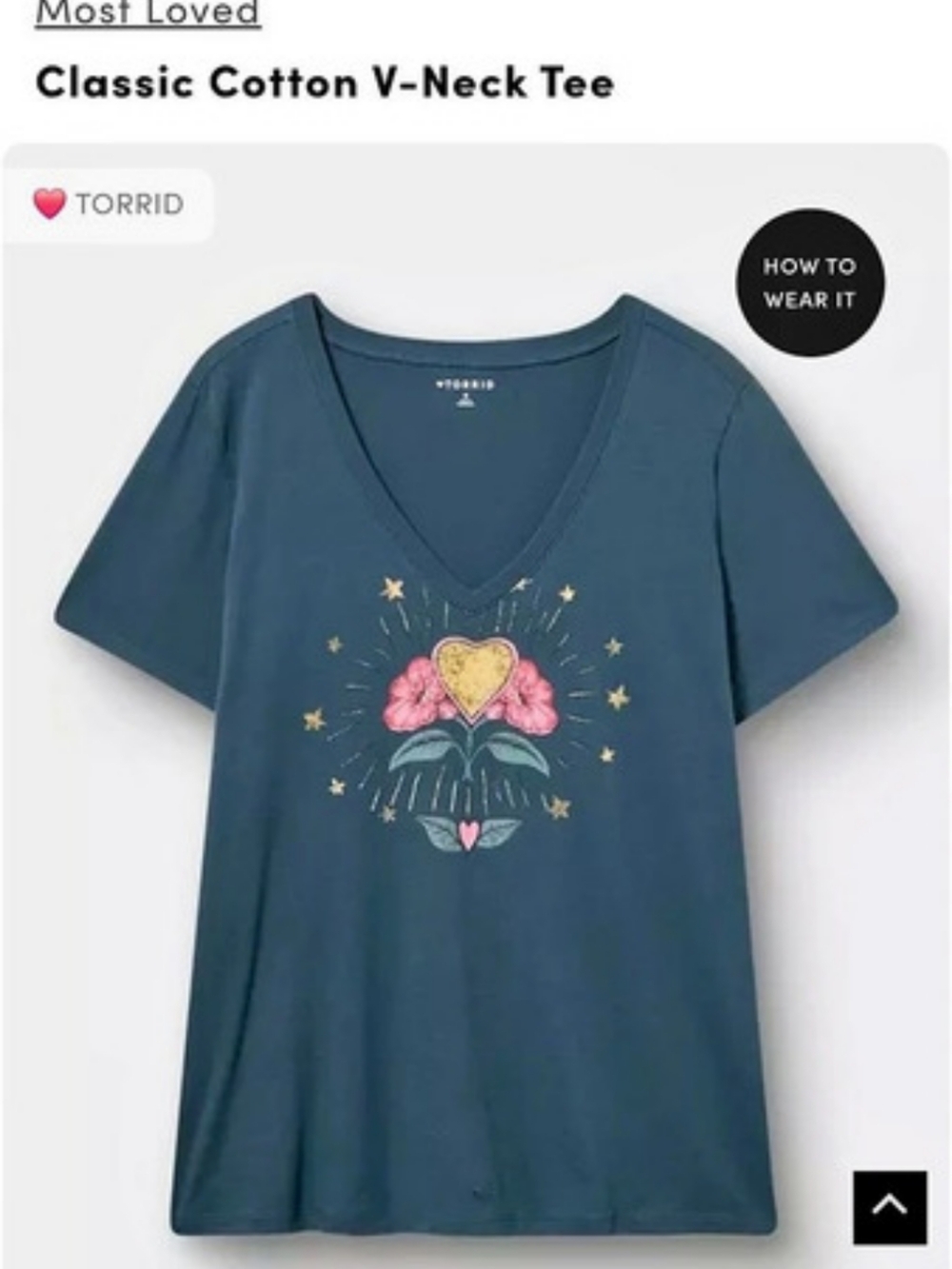 Torrid Classic Cotton V-Neck Tee - Heart Flower Stars Blue Size 2